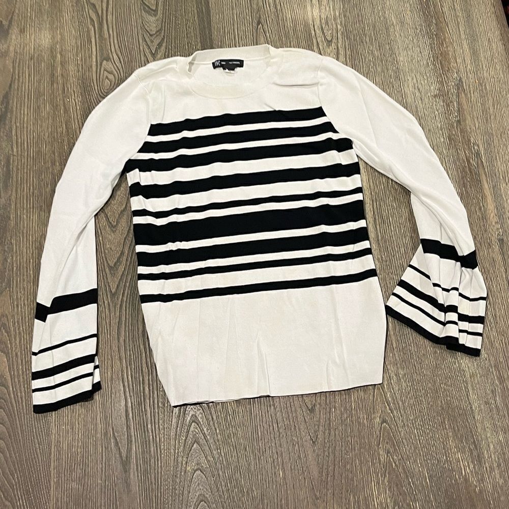 INC International Concepts Striped Bell-Sleeve Sweater Scoop Neck White Black XL